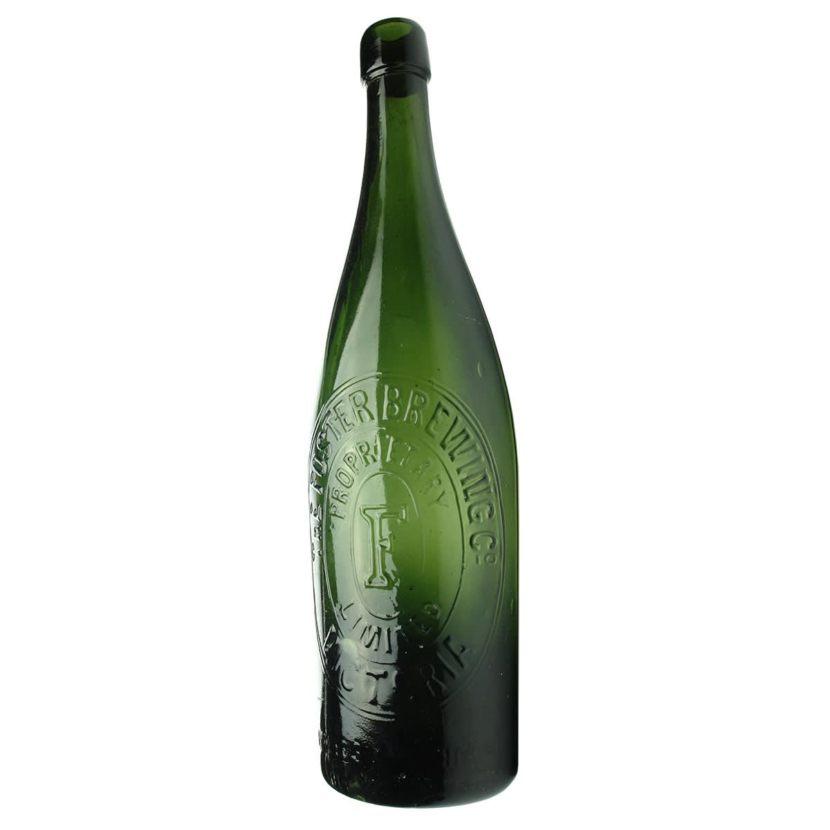 Beer. Foster Brewing Co. Guaranteed Six to the Gallon in one line. Wrap Top. F only to base. Green. 26 oz. (Victoria)