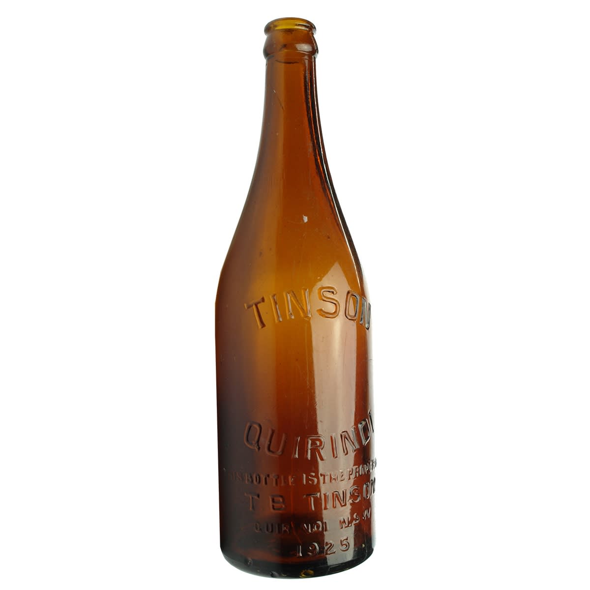 Beer. T. B. Tinson, Quirindi, 1925. Crown Seal. Amber. 26 oz. (New South Wales)