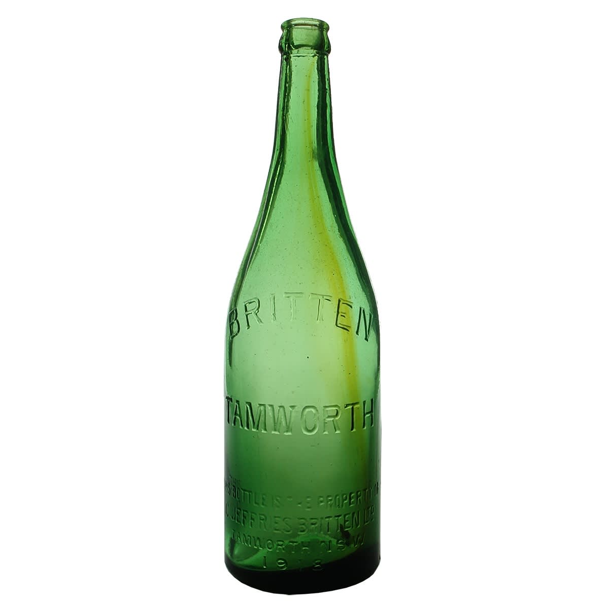 Beer. Britten, Tamworth, 1918. Crown Seal. Green with Amber Streak. 26 oz. (New South Wales)