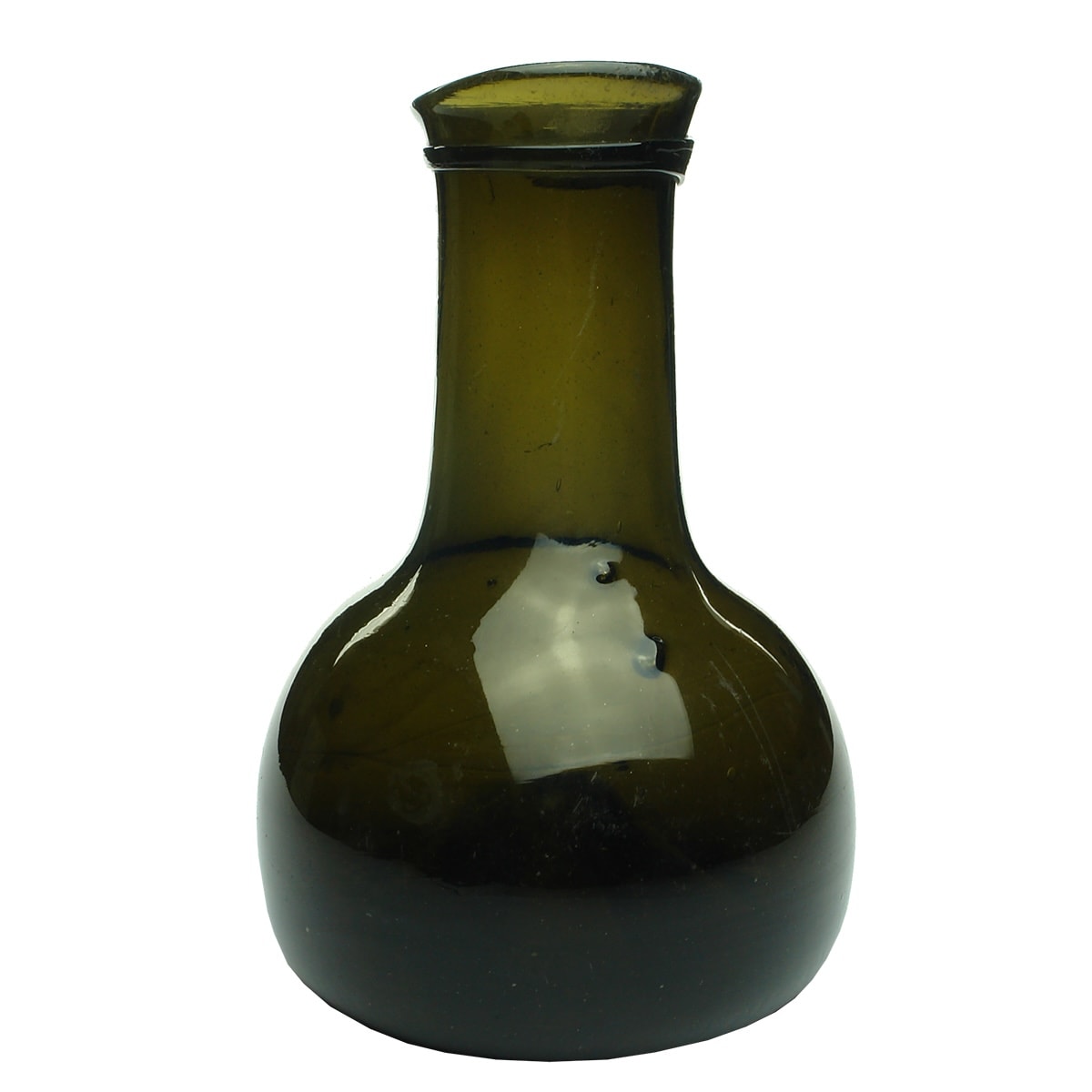 Black Glass. Onion shaped body with wide mouth and neck. Flared top with string rim. Pontil scar to base.