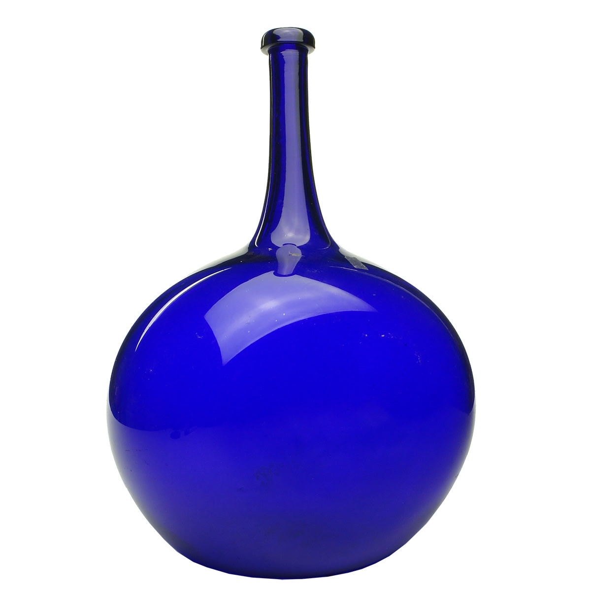 Early Glass. Large Bladder Shape Cobalt Bottle with Long Narrow Neck and Pontil.