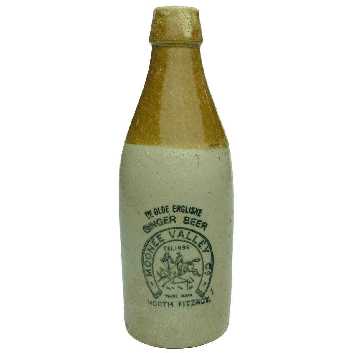 Ginger Beer. Moonee Valley Co., North Fitzroy. Horse & Jockey jumping a hurdle. Ye Olde Englishe. Bendigo Pottery. (Victoria)