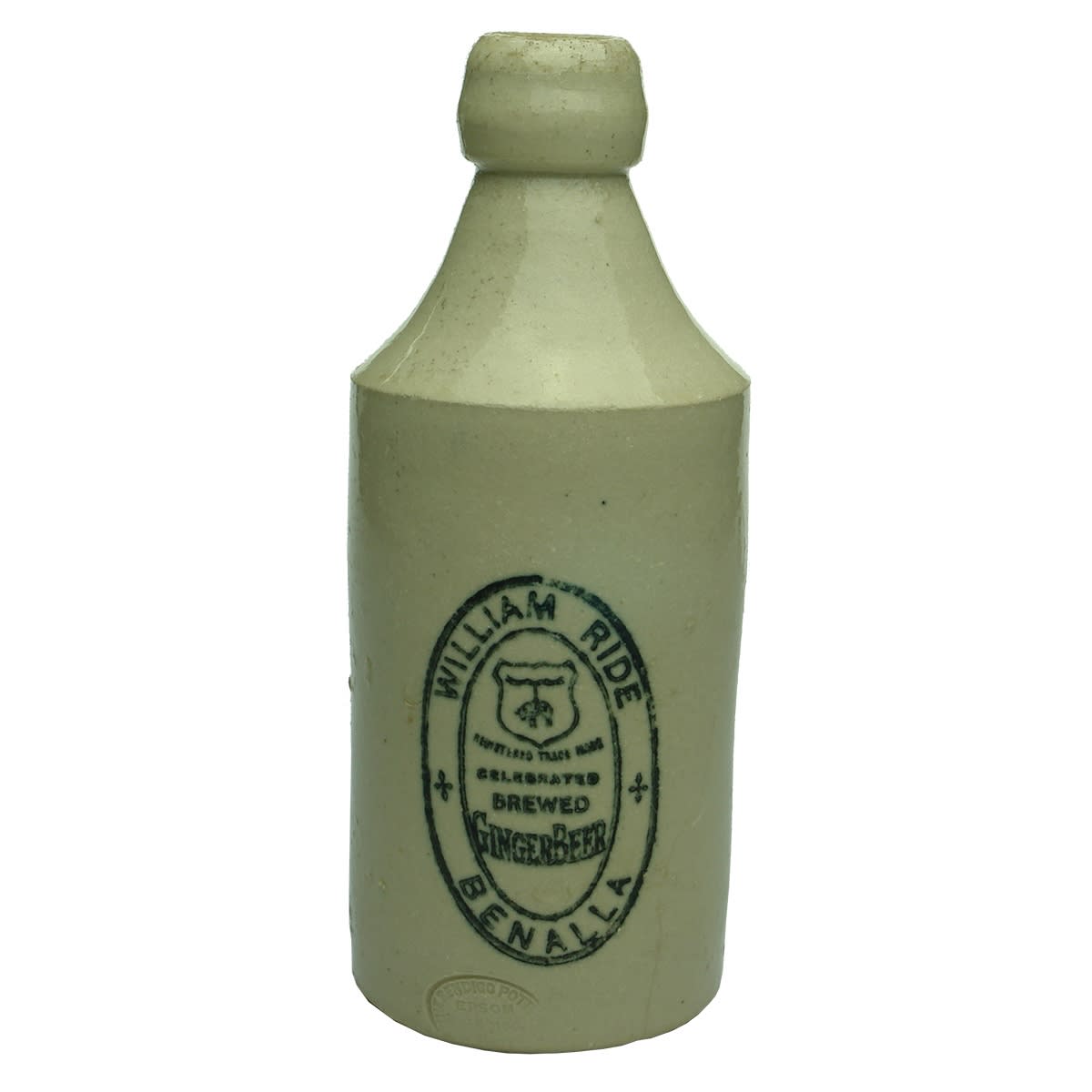 Ginger Beer. William Ride, Benalla. Dump. All White. Big Size. Bendigo Pottery. (Victoria)