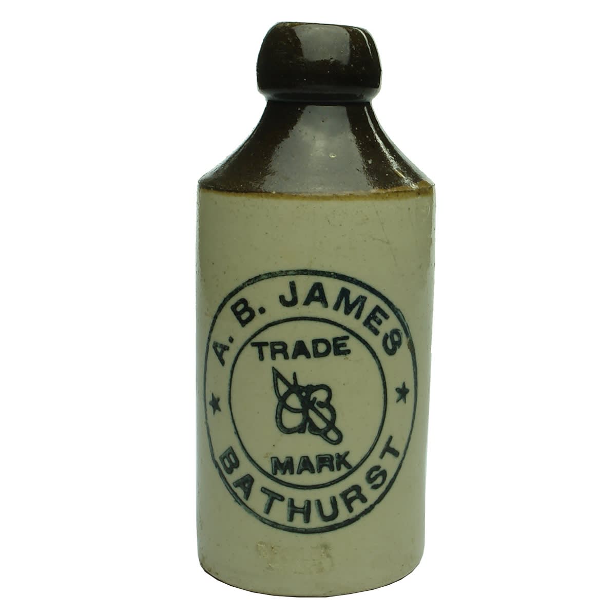 Ginger Beer. A. B. James, Bathurst. Monogram. R. Fowler pottery. Dark Brown top. (New South Wales)