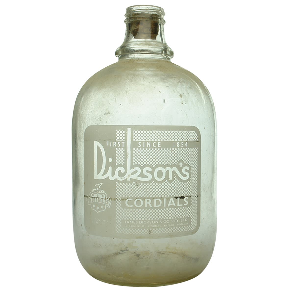 Cordial. Dickson's, Richmond. Ceramic label. Clear. 160 oz. (Victoria)