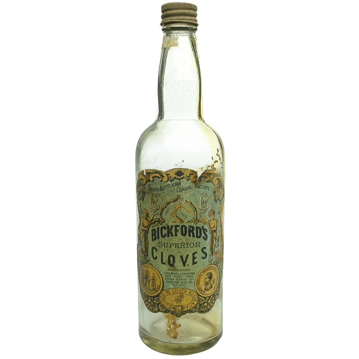 Cordial. Bickford's Superior Cloves. Embossed and Labelled. Clear. Screw top. 26 oz. (South Australia)