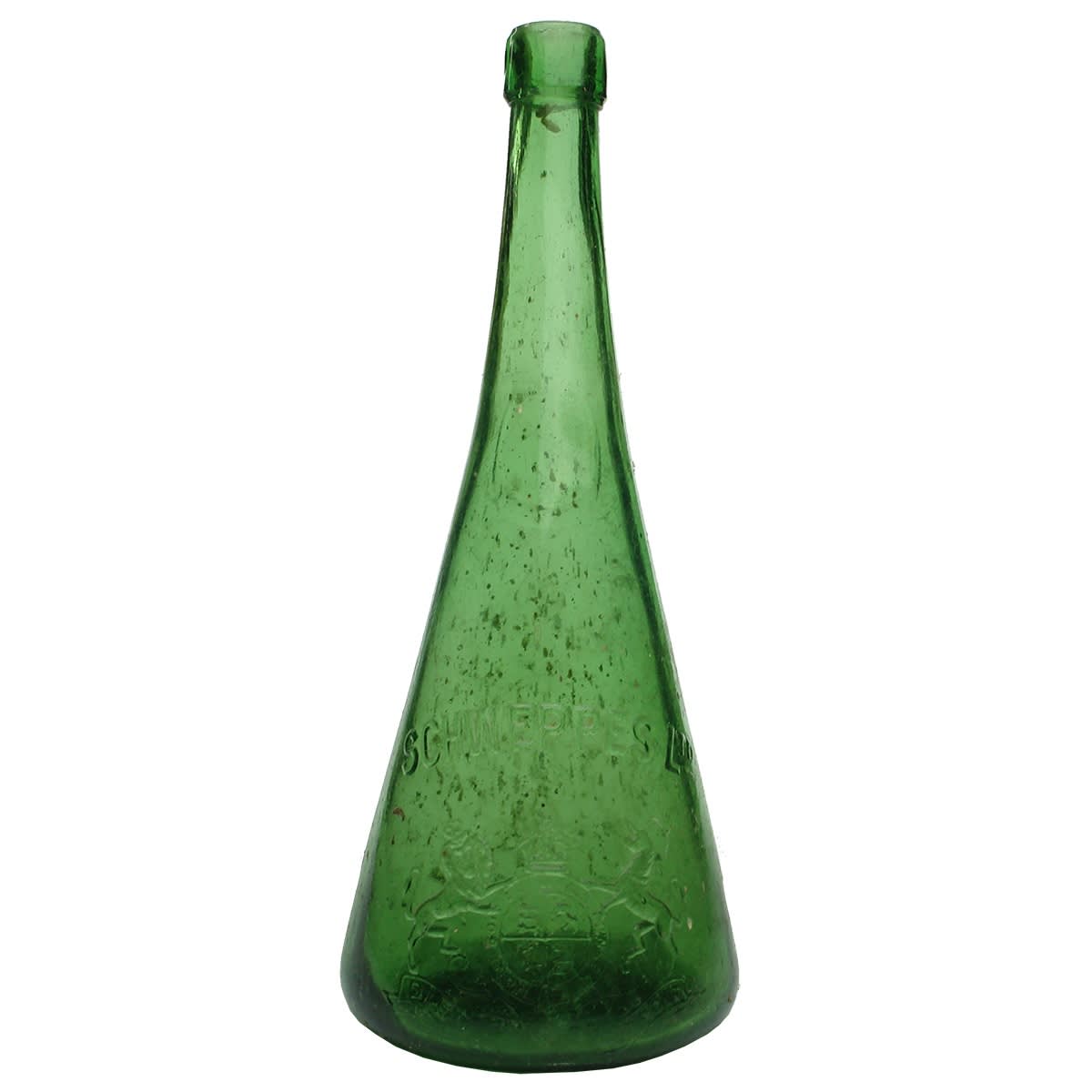 Cordial. Schweppes Ltd. Coat of Arms. Deep Lime Green Conical Type. 26 oz.
