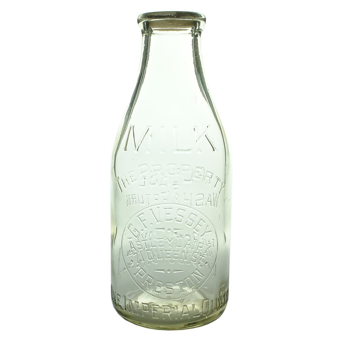 Quart Milk. G. F. Vessey, Astley Dairy, Preston. Squat shape. Base Number: 197. (Victoria)