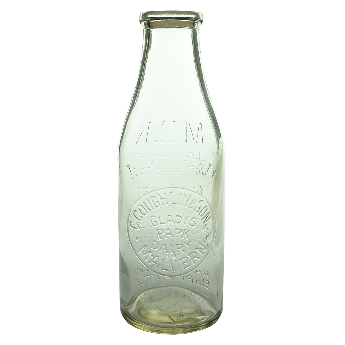 Quart Milk. C. Coughlin & Son., Gladys Park Dairy, Malvern. Coughlin's wad in the top. Base Number: 178. (Victoria)