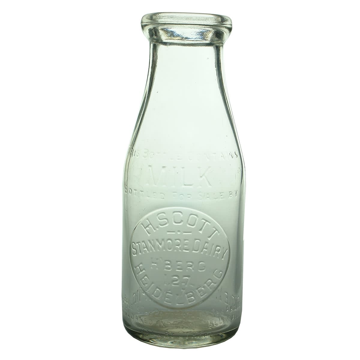 Milk. H. Scott, Stanmore Dairy, Heidelberg. Base: 399. Pint. (Victoria)