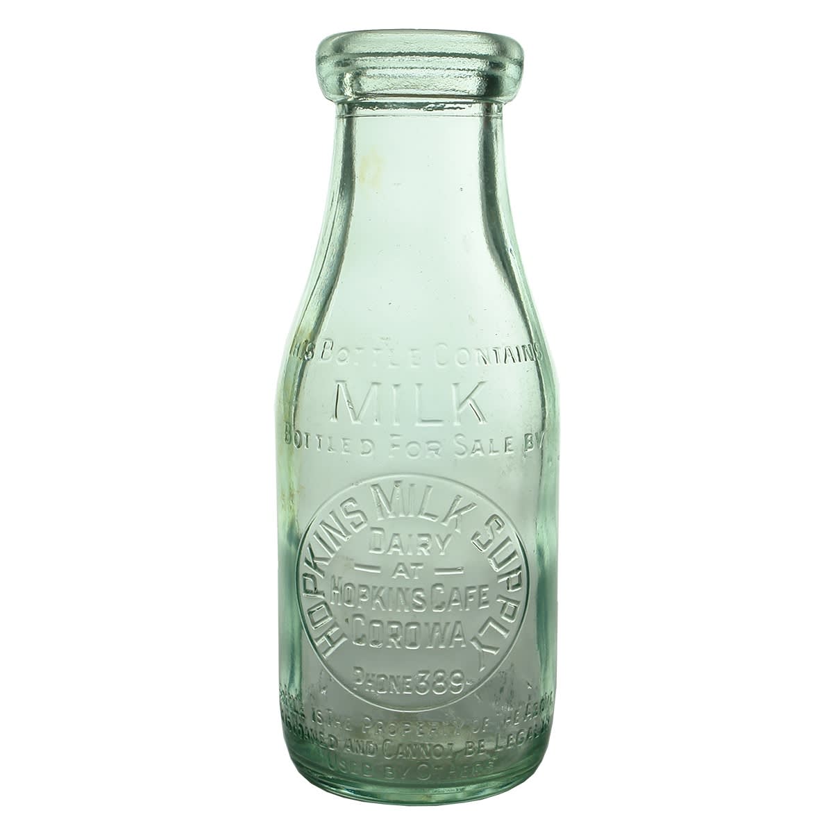 Milk. Hopkins Milk Supply Dairy at Hopkins Cafe, Corowa. Base Number: 624. Aqua. Pint. (New South Wales)