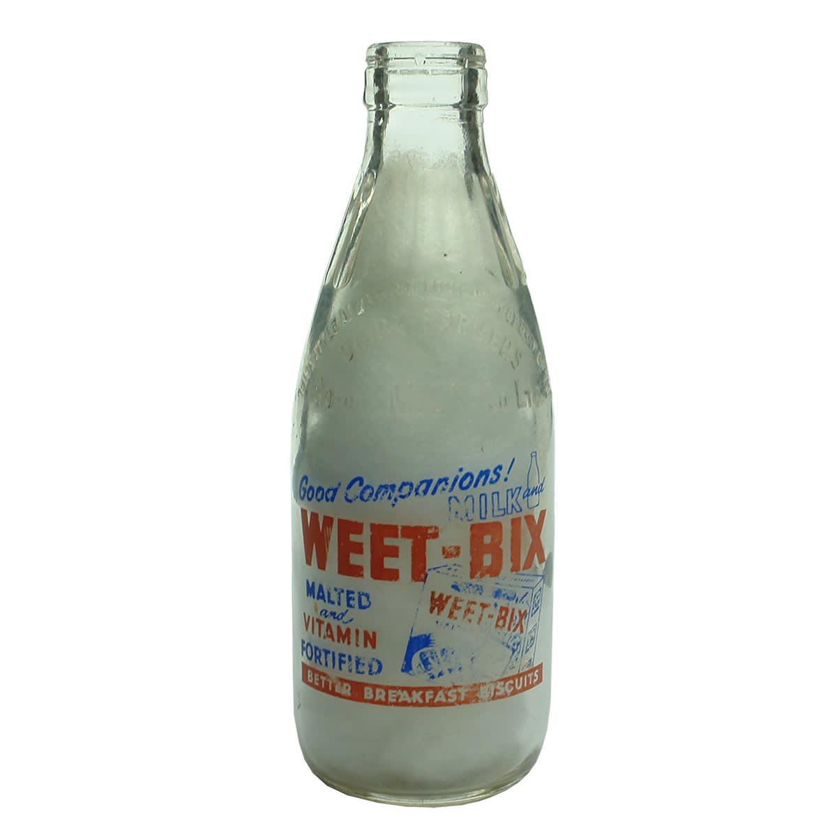 Ceramic Label Milk. Weet-Bix. Malted and Vitamin Fortified. Dairy Farmers Co-op Milk Co Ltd. Red & Blue Print. Pint. (New South Wales)