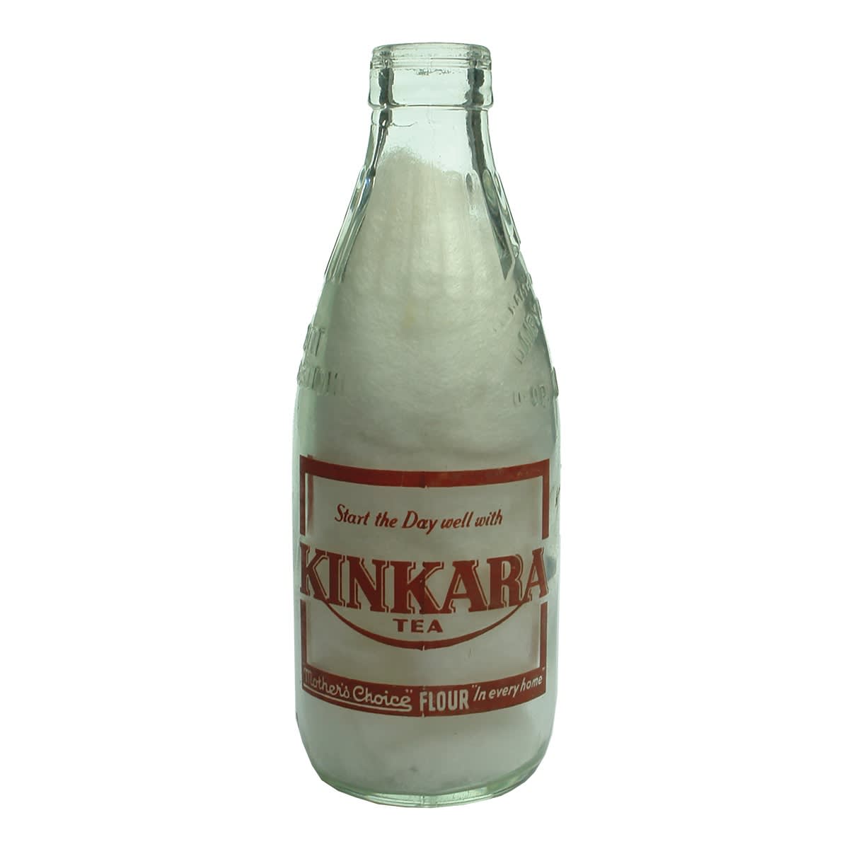 Ceramic Label Milk. Kinkara Tea, Mother's Choice Flour. Dairy Farmers Co-op bottle. Red Print. Pint. (New South Wales)