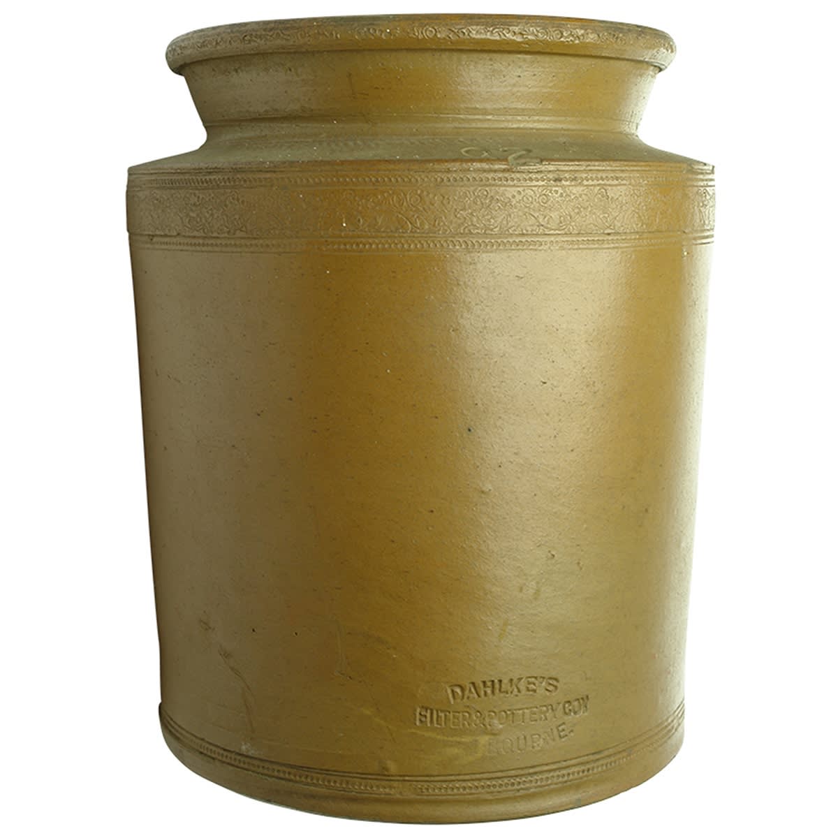 Pottery. Dahlke's Filter & Pottery Coy, Melbourne. Wide mouth jar. Salt Glaze. 2 Quart. (Victoria)