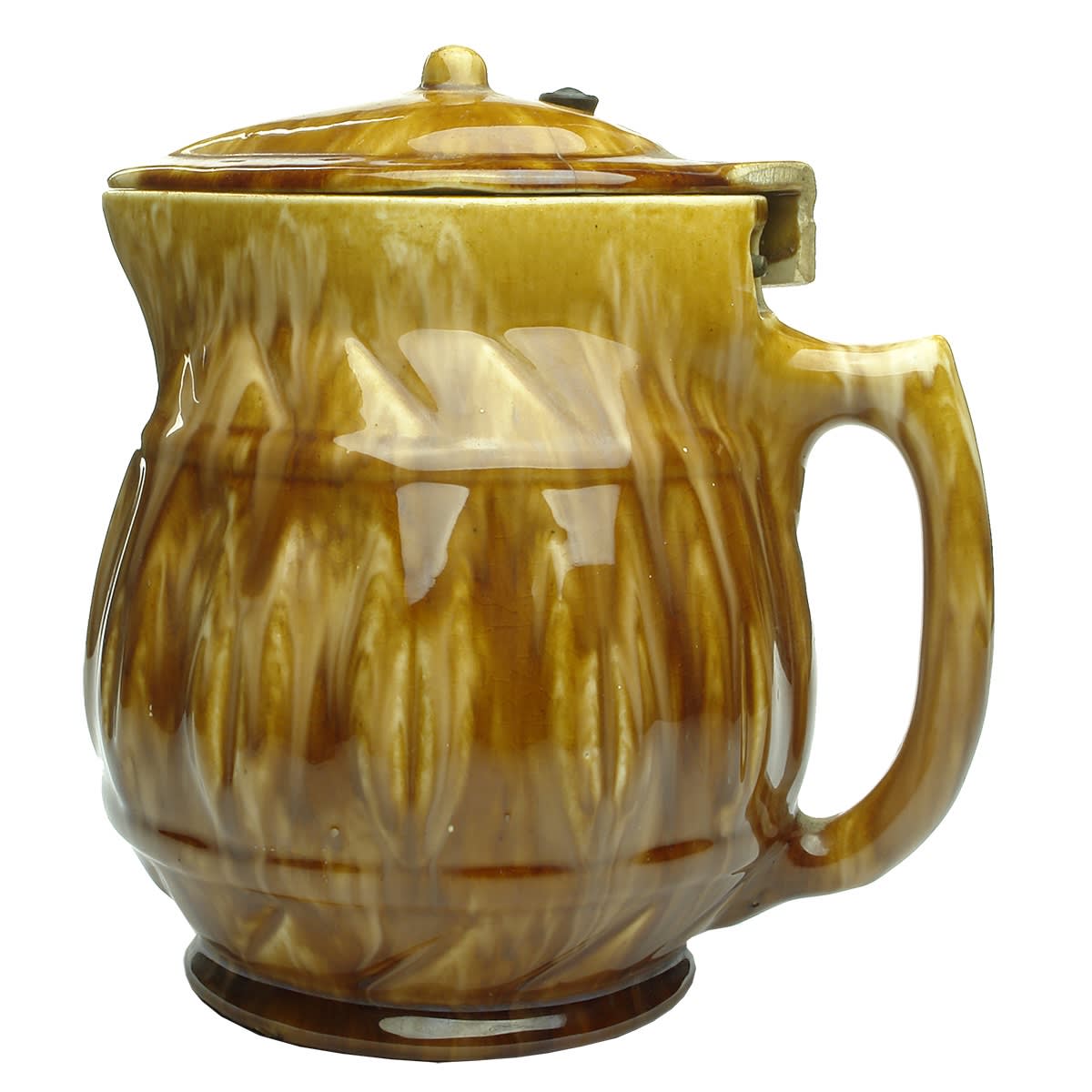 Moulded Ceramic Electric Jug. Mottled Brown Glaze. Bendigo Pottery stamped on base.