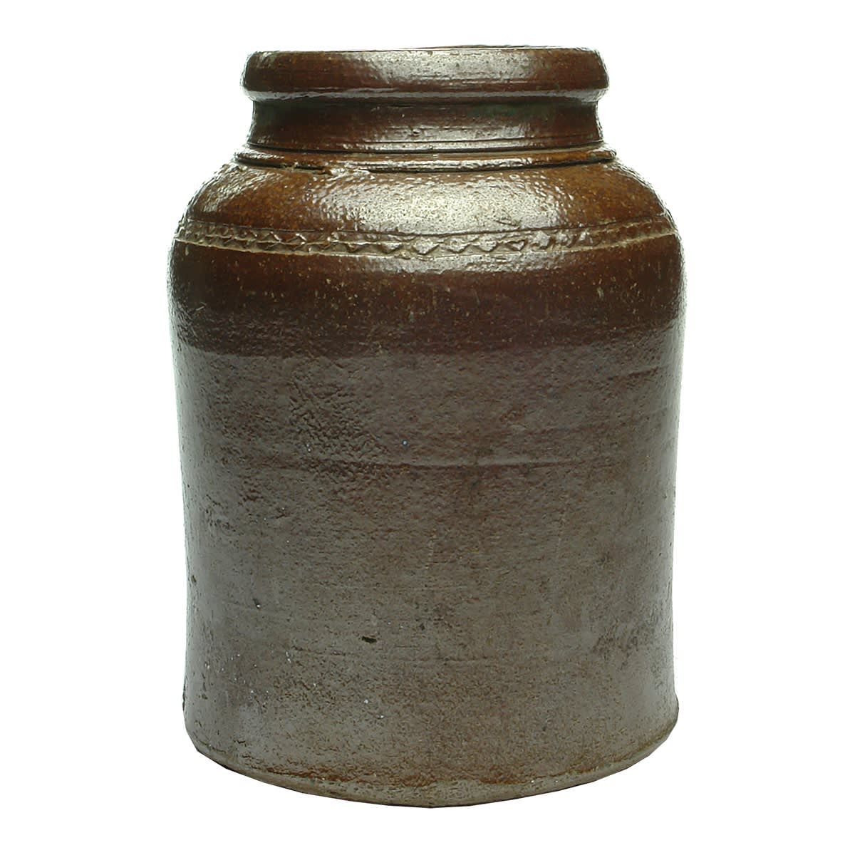 Stoneware Pot. Diamond pattern coggle line around the shoulder. Interesting neck shape. Sourced from Newcastle area. Welham pottery?