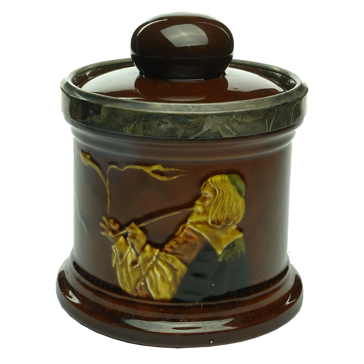 Kingsware Tobacco Jar. Man with skullcap and long clay pipe. Royal Doulton. Hallmarked Silver rim to top edge. Original lid.