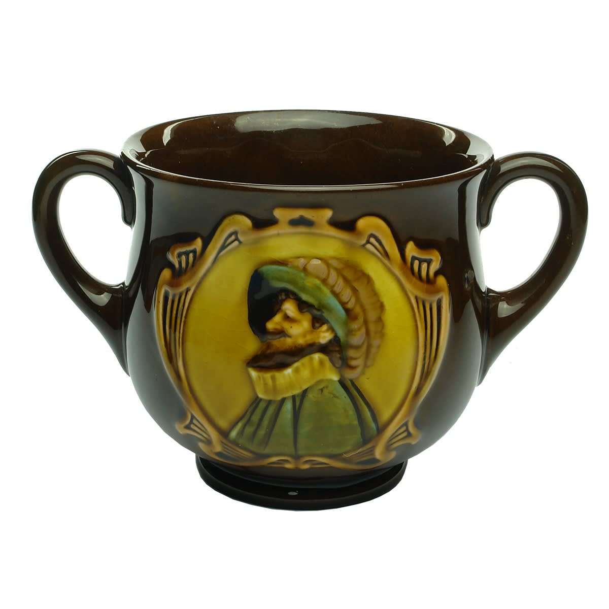 Kingsware double handled motto mug. Man in fancy hat & neck ruff (Shakespeare? Sir Francis Drake?) A contented mind is a blessing kind. Royal Doulton.