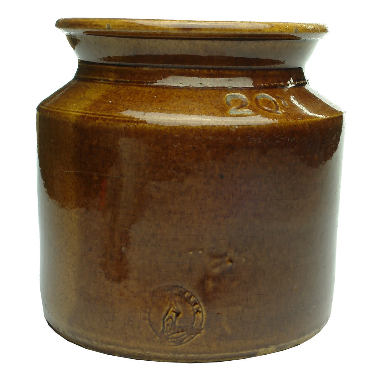 Stoneware Lidded Jar. Lithgow Pottery. Kangaroo stamp. 2 Qt. No lid. (New South Wales)