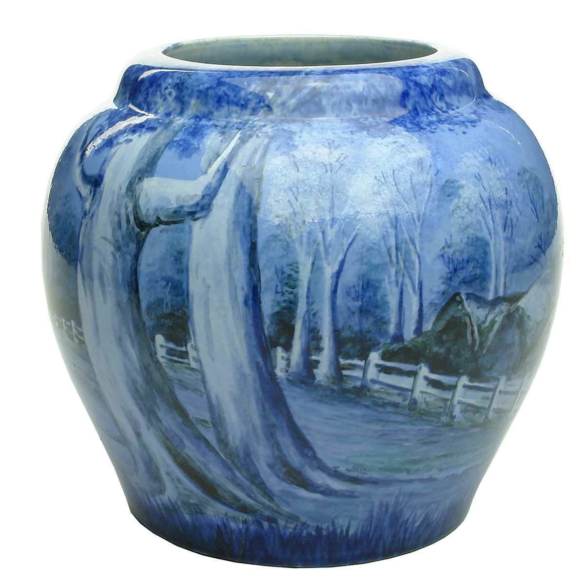 Newtone pottery Vase. Blue with handpainted decoration of trees, post and rail fence etc. Small 8 impressed in the base.