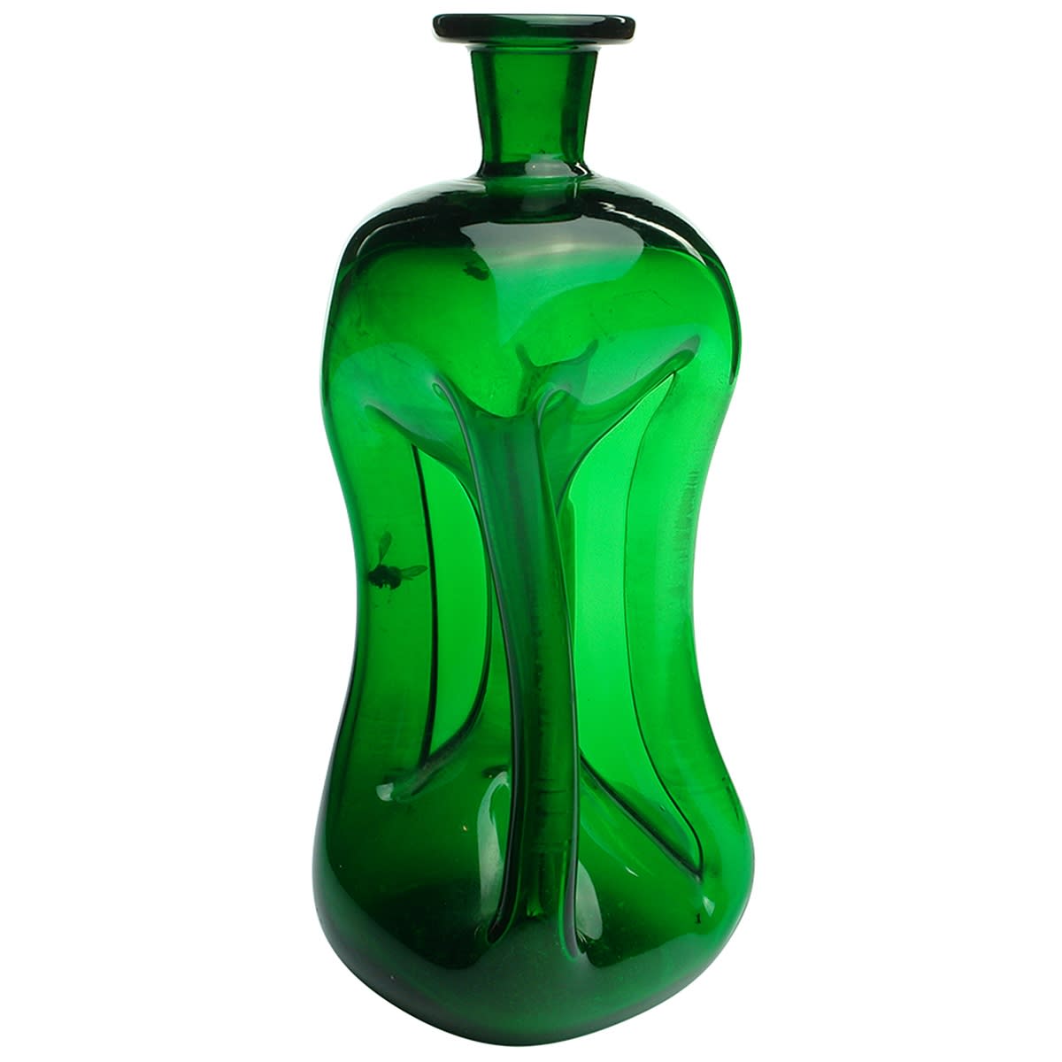 Gin. Pinch waisted, bright emerald green. Polished pontil. 26 oz.