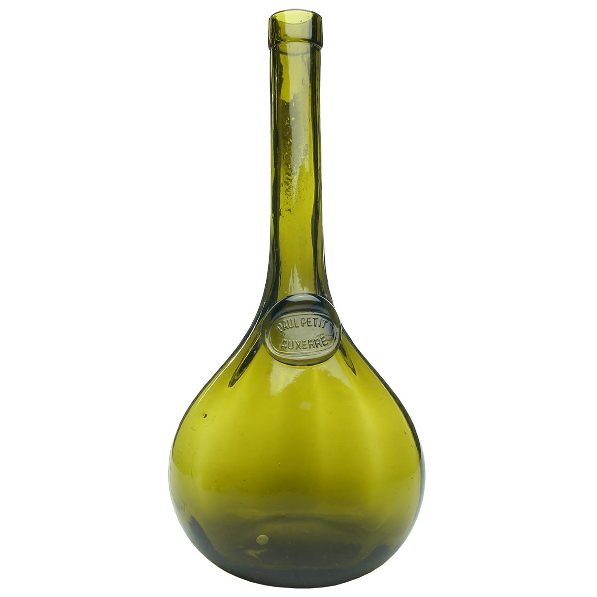 Liqueur. Paul Petit, Auxerre. Bladder shape with long neck. Applied seal. Green. 26 oz. (France)