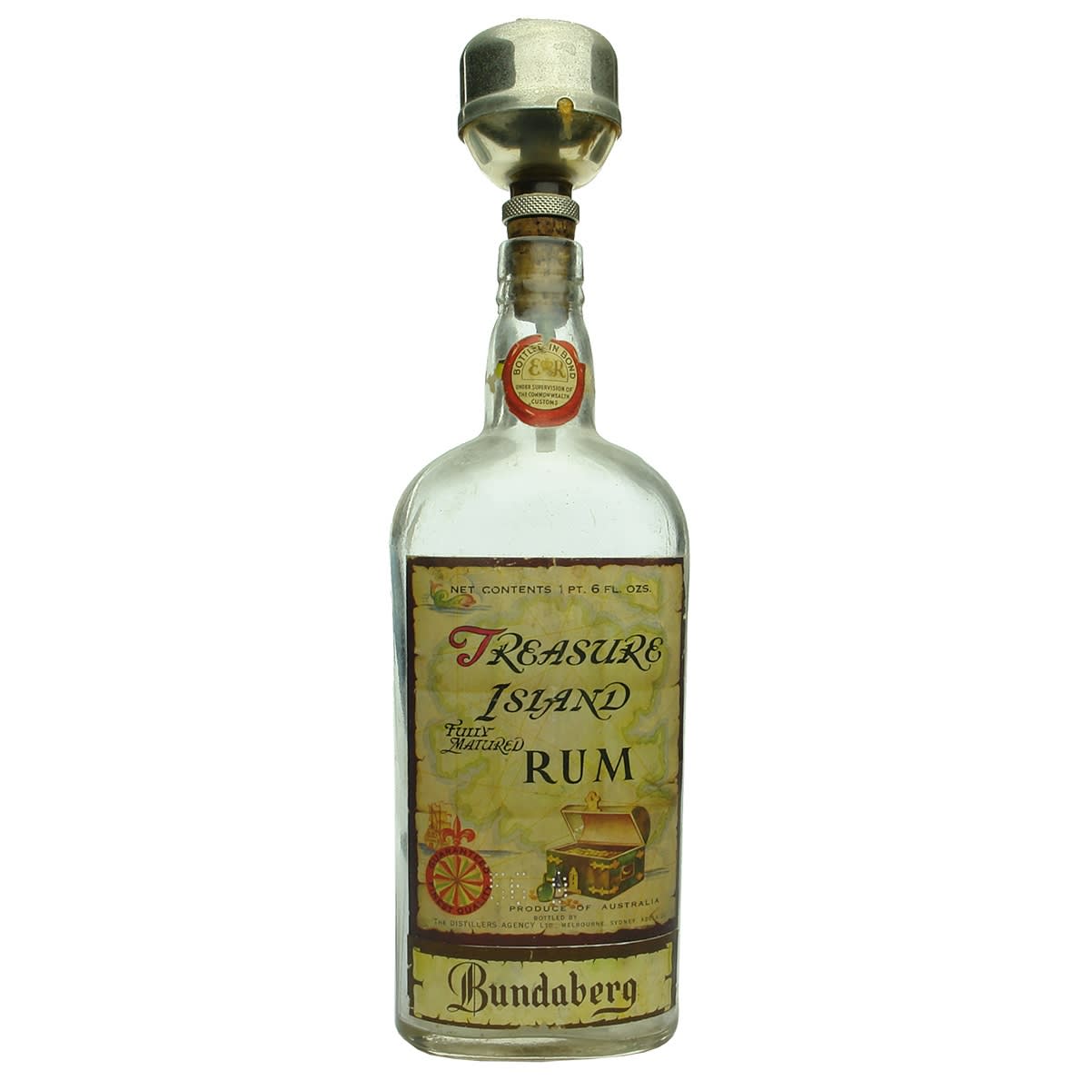 Spirits. Bundaberg Treasure Island Rum, Distillers Agency Ltd., Melbourne, Sydney, Adelaide. Labelled bottle with pourer. Clear. 1 Pint, 6 oz. (Victoria, New South Wales, South Australia).