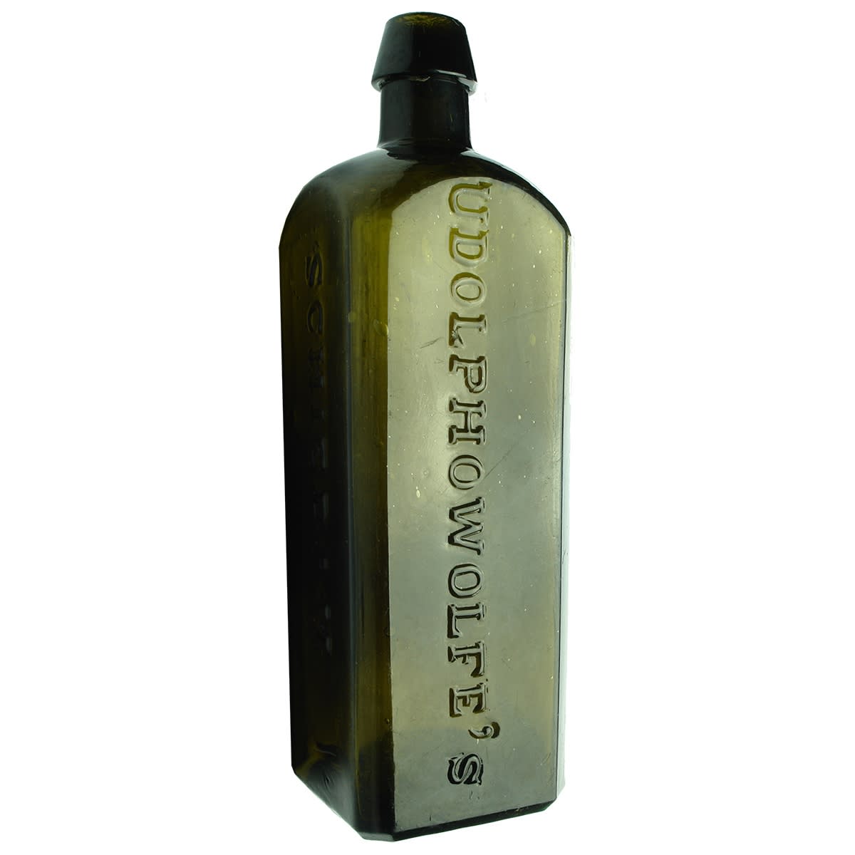 Schnapps. Udolpho Wolfe's. Black. Iron Pontil. 26 oz. (United States)