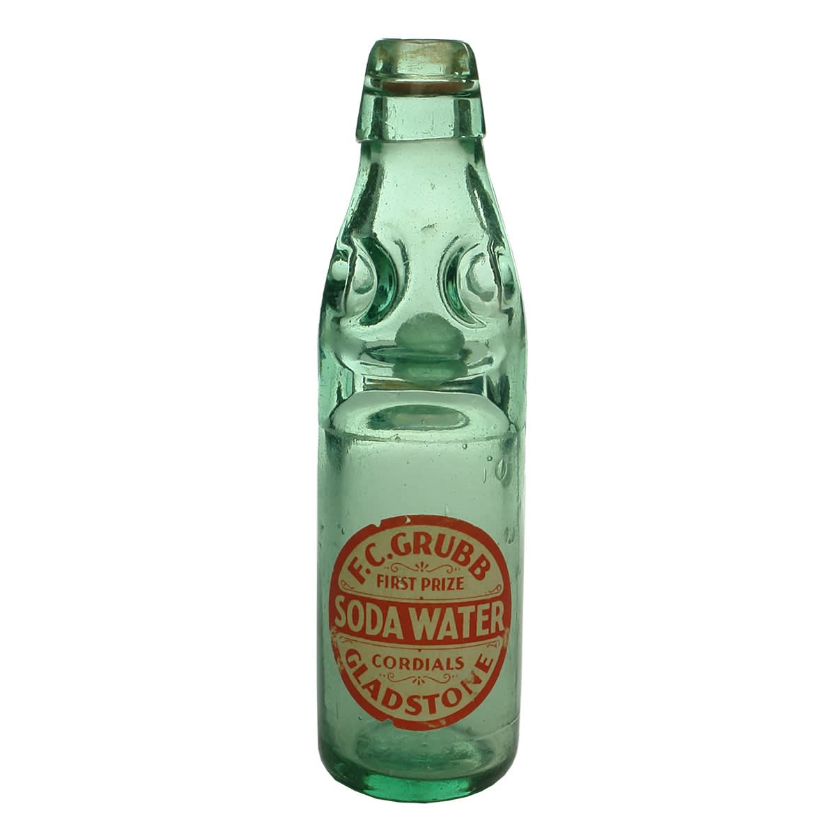 Codd. Plain Codd bottle with FBH base mark and a label for F. C. Grubb, Soda Water, First Prize Cordials, Gladstone. 6 oz. (South Australia)