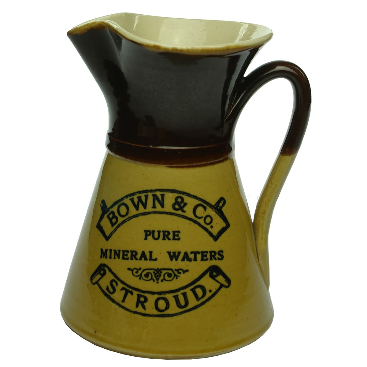 Advertising Water Jug. Bown & Co., Pure Mineral Waters, Stroud. Price Bristol. Dark & Light Tan. (UK)