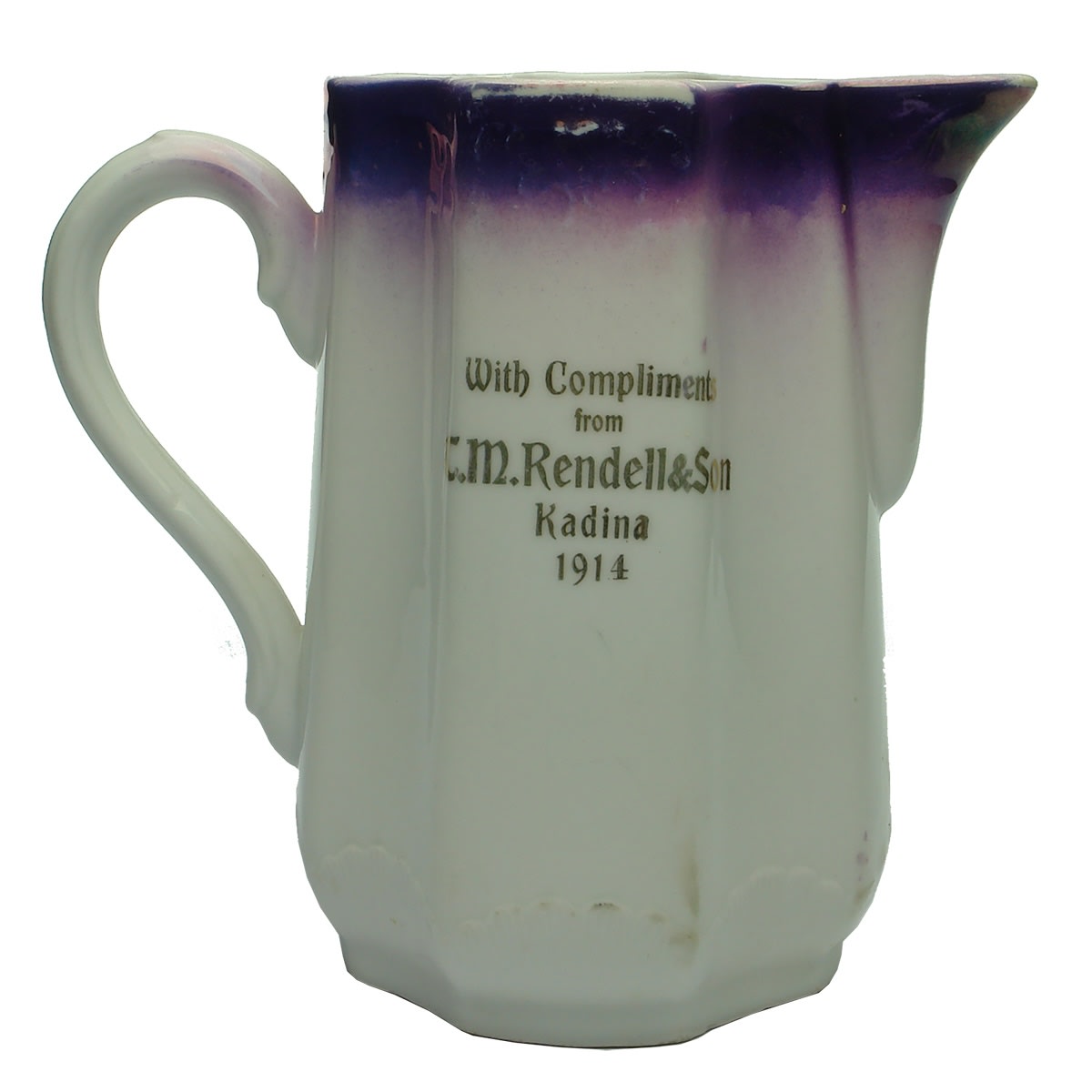 Aerated Waters. T. M. Rendell  & Son, Kadina. 1914. King George V. Small Size Advertising Jug. (South Australia)