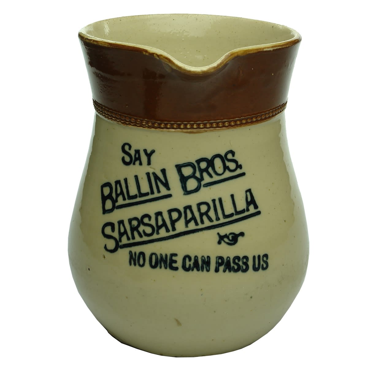 Advertising Water Jug. Ballin Bros Sarsaparilla. No one can pass us. Price Bristol. Brown top. (New Zealand)