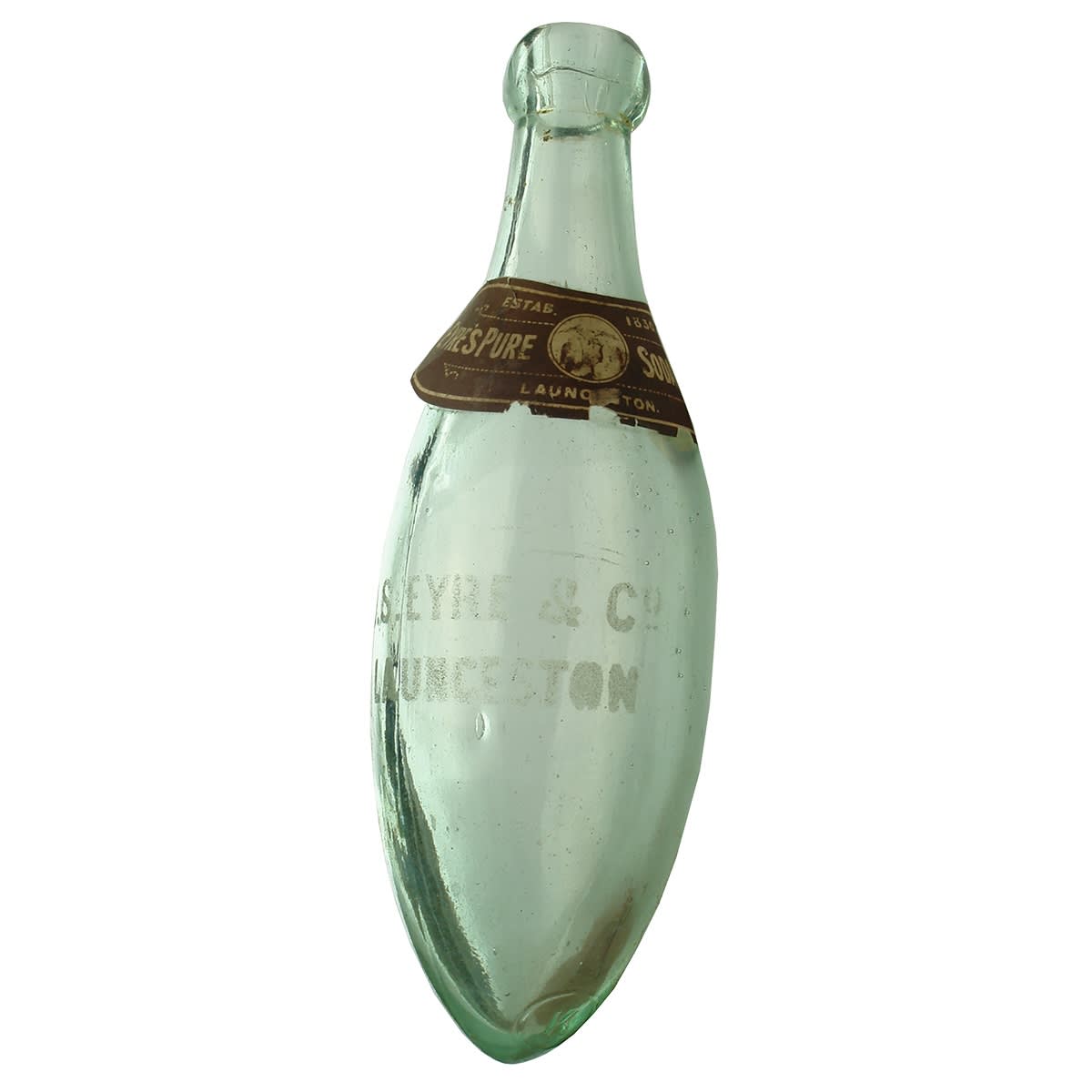 Torpedo. J. S. Eyre, Launceston. Sand blasted and labelled. Aqua. 10 oz. (United Kingdom)