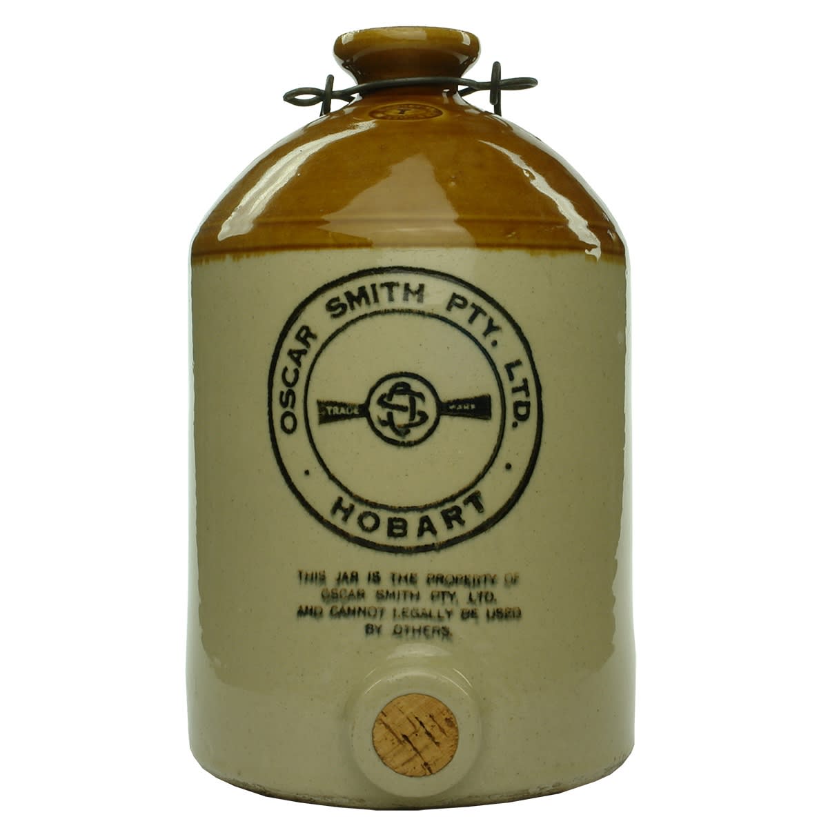 Demijohn. Oscar Smith Pty. Ltd., Hobart. Tan Top. 1 Gallon. (Tasmania)