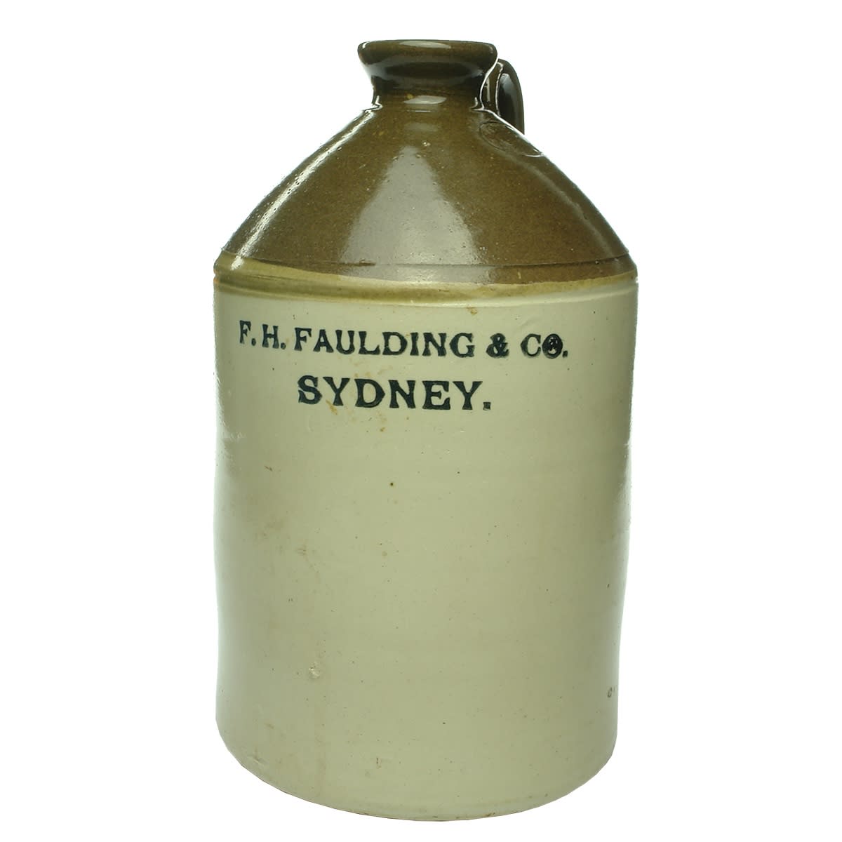 Demijohn. F. H. Faulding & Co., Sydney. R. Fowler 1917. Chocolate top. Gallon. (New South Wales)