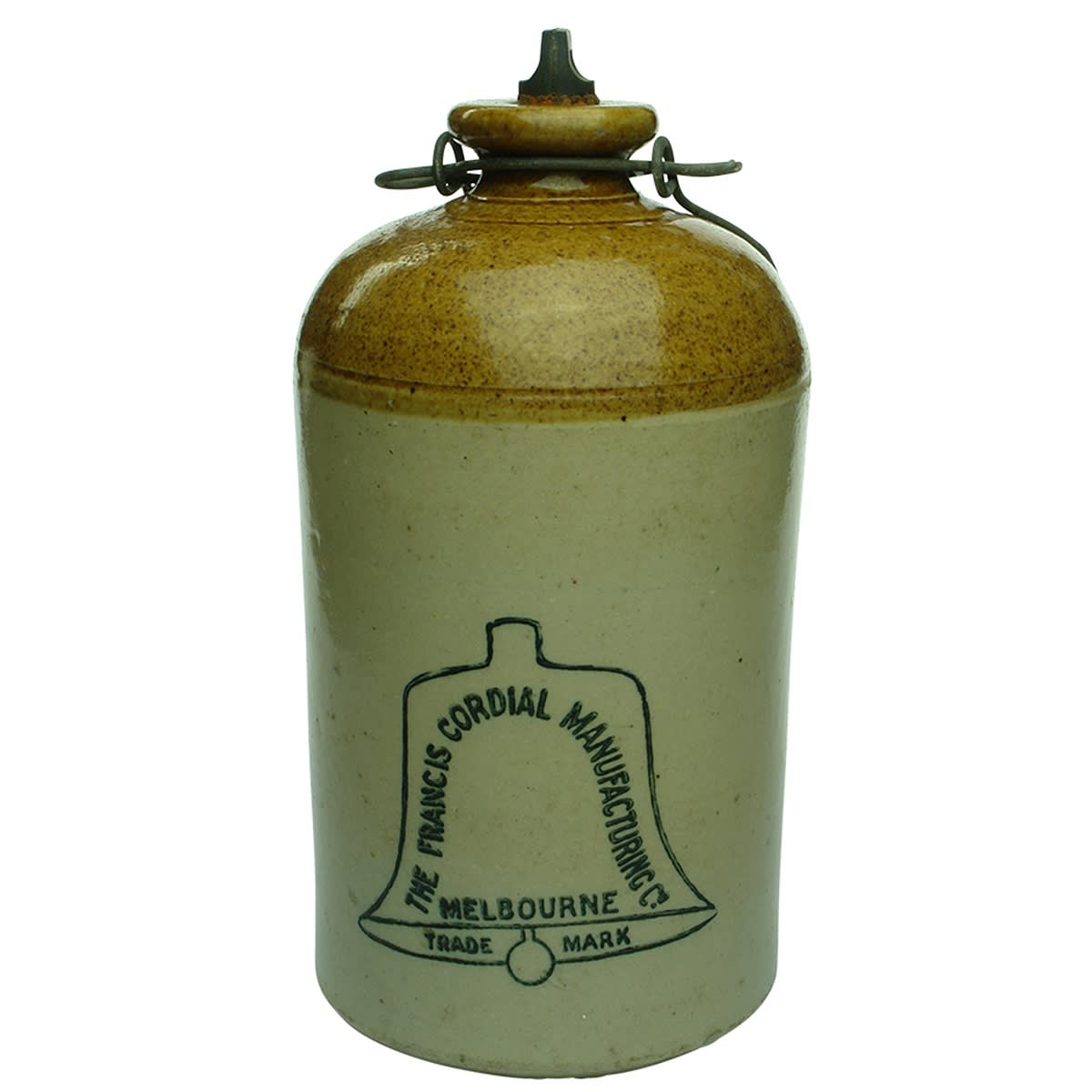 Demijohn. The Francis Cordial Manufacturing Co., Melbourne. Printed. Tan Top. Internal Thread. 1/2 Gallon. Original stopper. (Moonee Valley Company, Victoria)