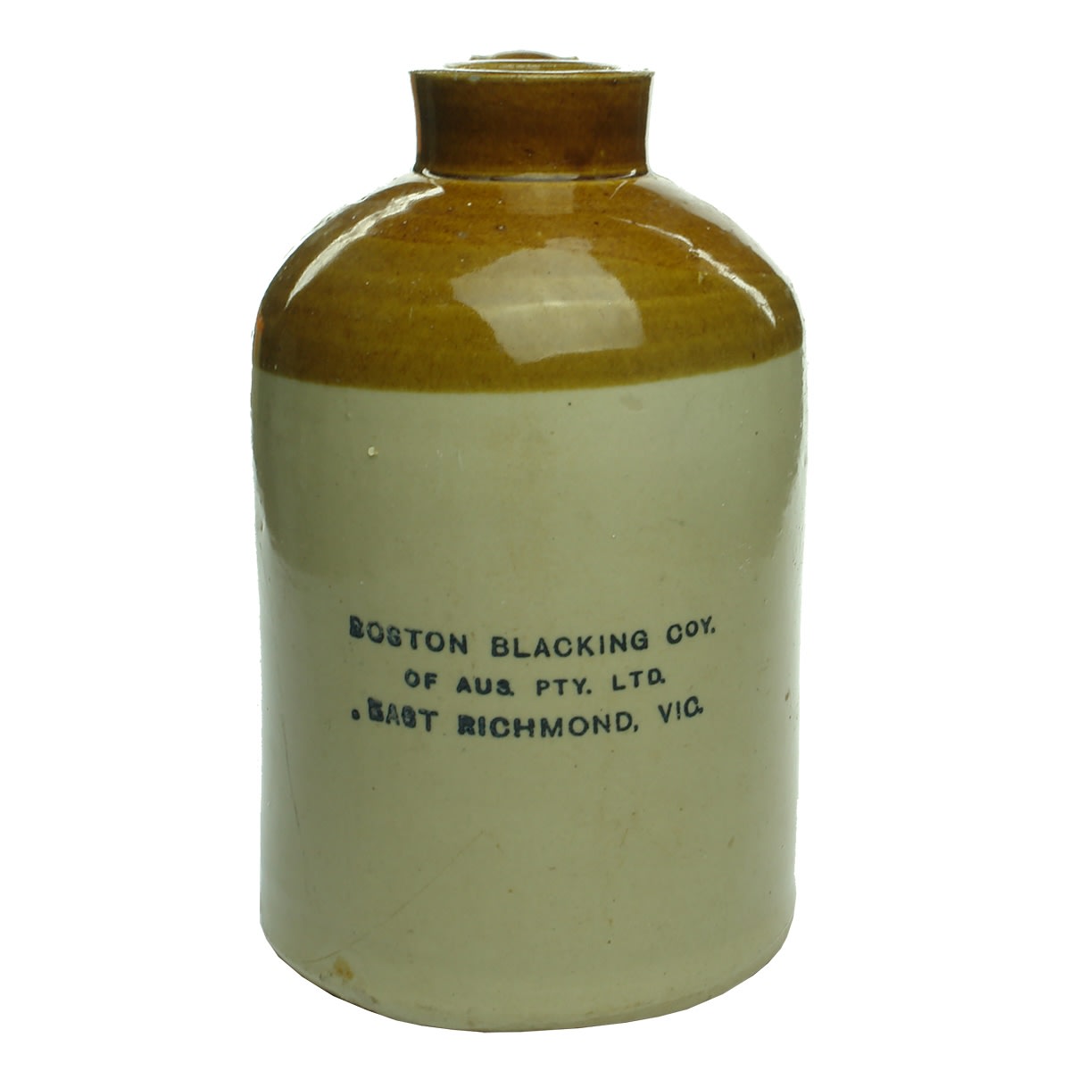 Demijohn. Boston Blacking Co., East Richmond. Bendigo Pottery. Wide mouth. (Victoria)
