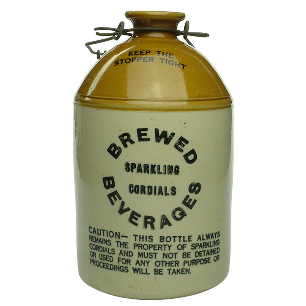 Demijohn. Brewed Beverages Sparkling Cordials. Printed. Tan Top. 1/2 Gallon. (Cowra, New South Wales)