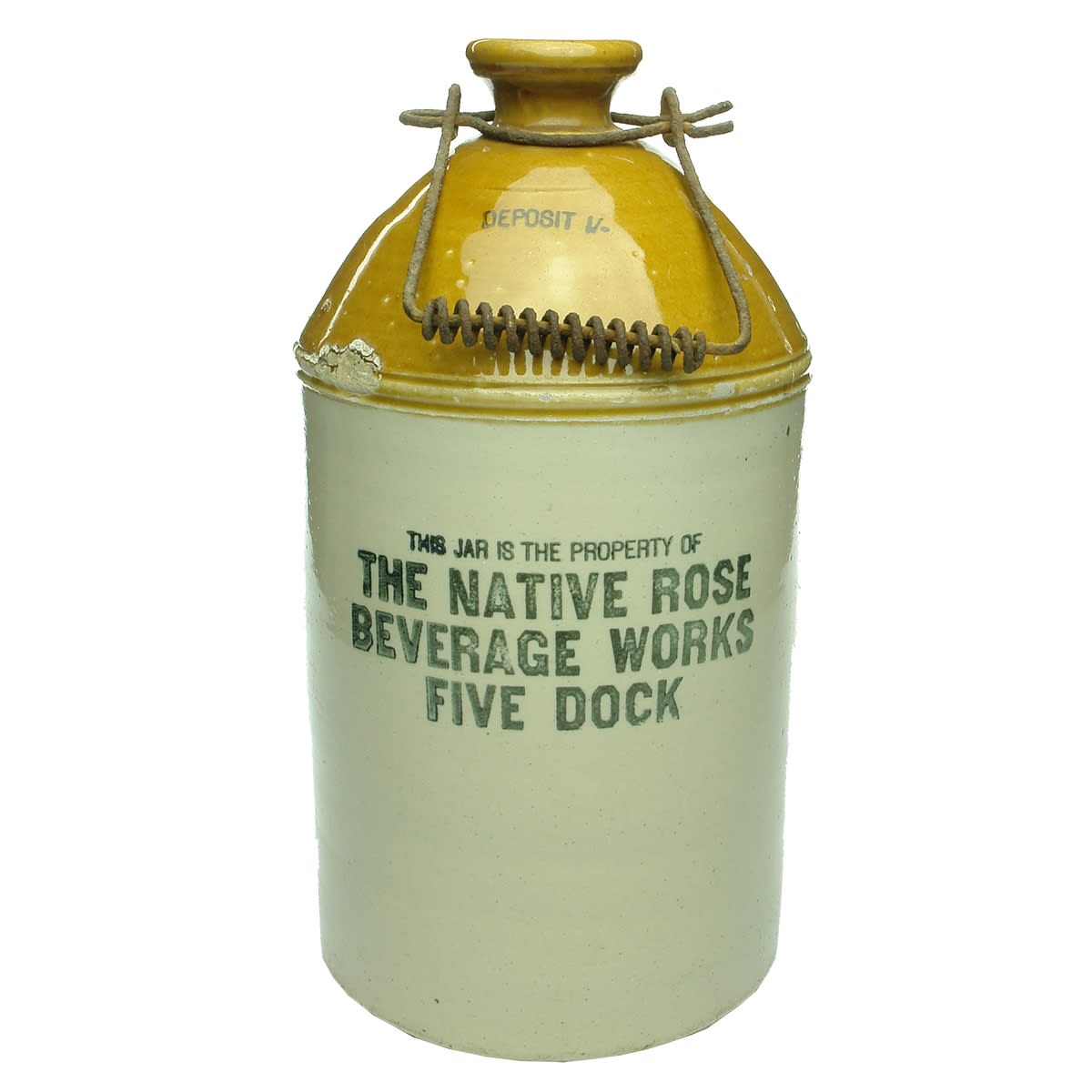 Demijohn. The Native Rose Beverage Works, Five Dock. Sydney. Fowler Pottery. Printed. Gallon. (New South Wales)