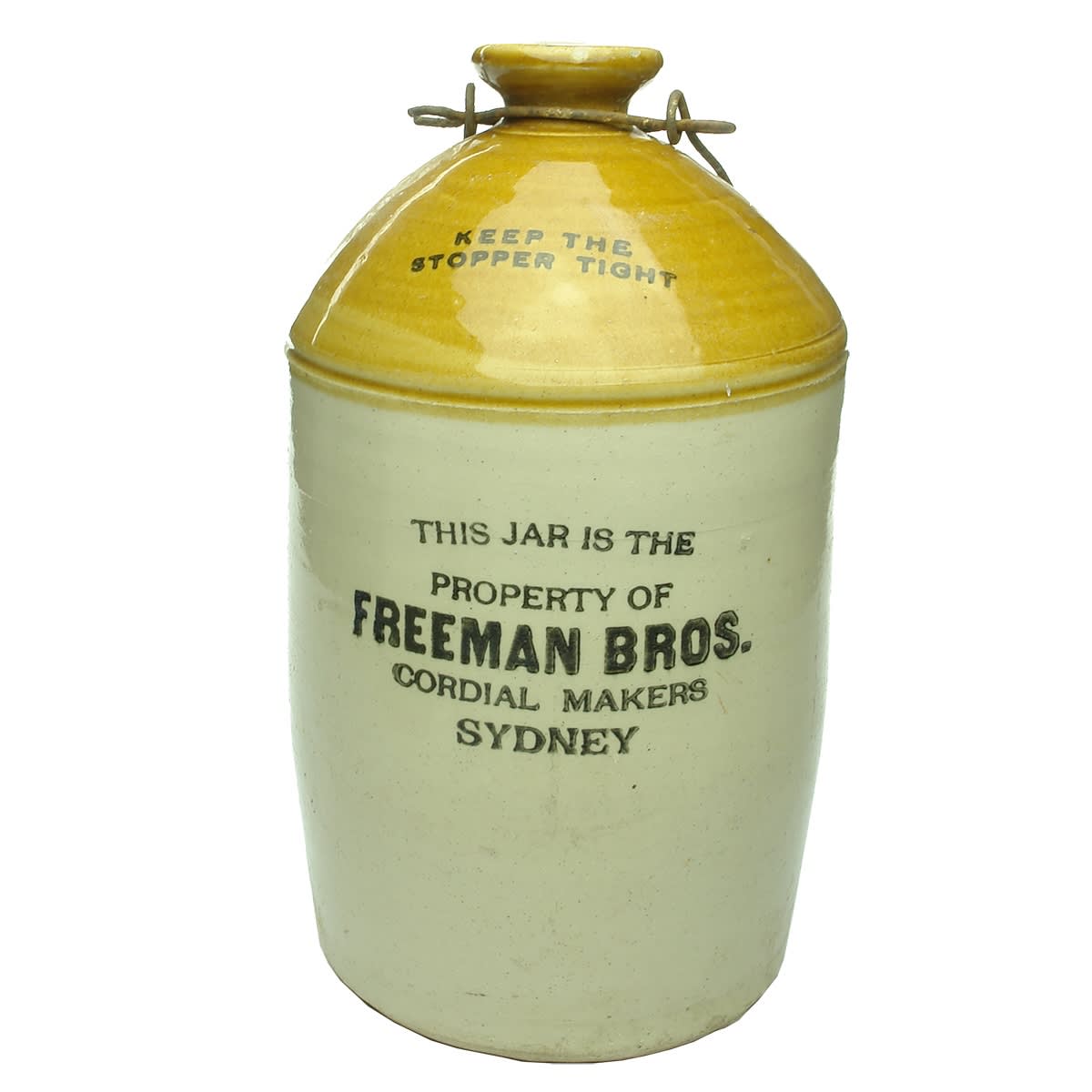 Demijohn. Freeman Bros. Cordial Makers, Sydney. Fowler pottery. 1 Gallon. (New South Wales)