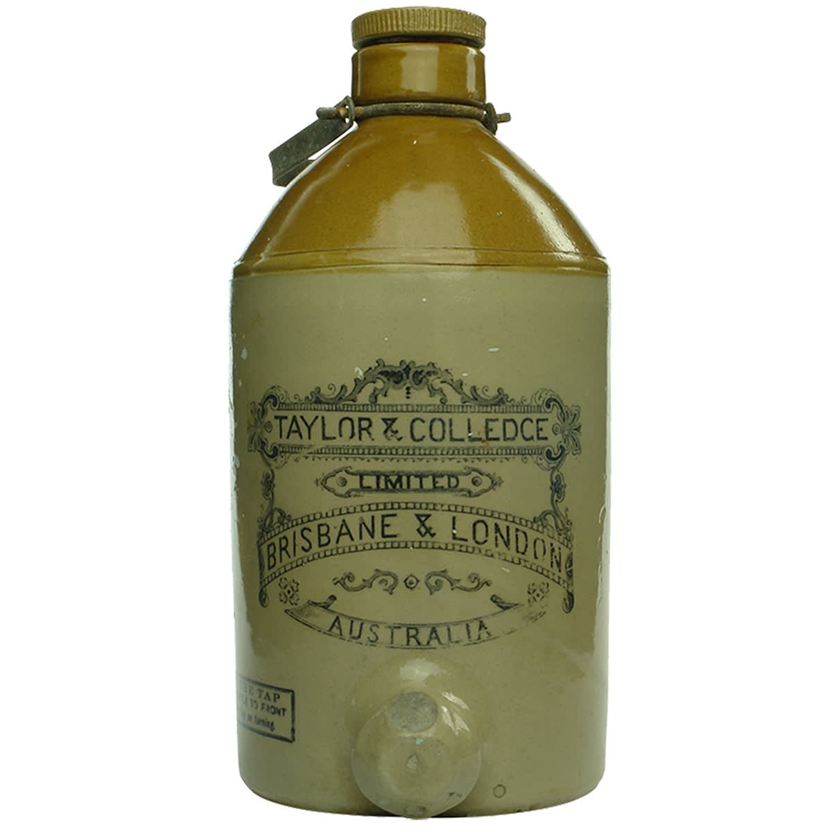 Demijohn. Taylor & Colledge Limited, Brisbane & London. Tan Top. Spigot. Original Stopper. 1 Gallon. (Queensland)