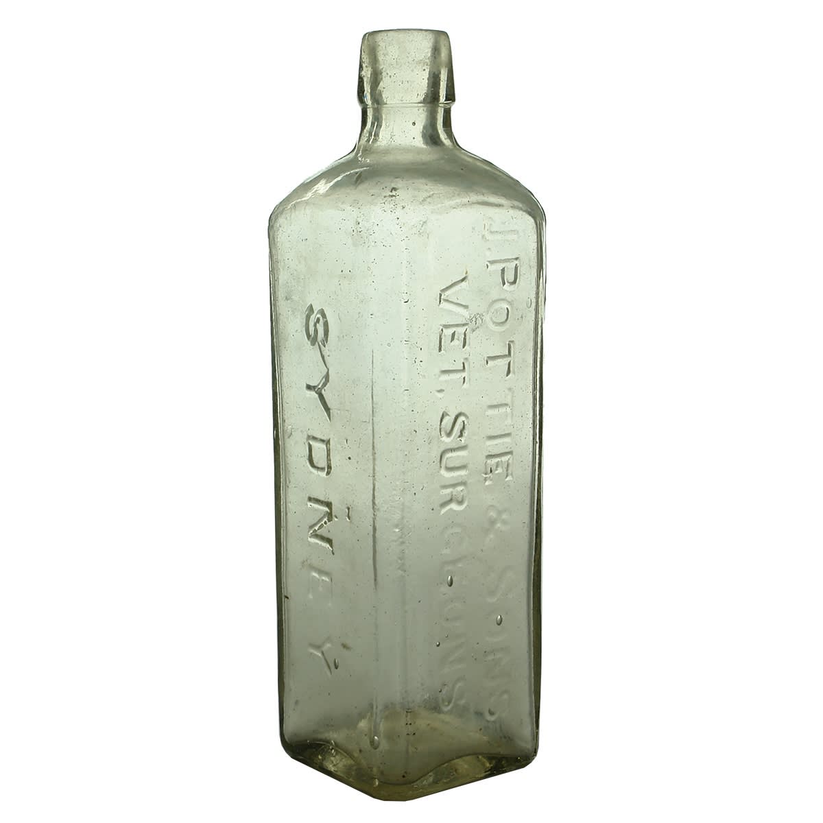 Veterinarian Cure. J. Pottie & Sons, Vet, Surgeons, Sydney. Clear. Square. AGM Base, Spun top. (New South Wales)