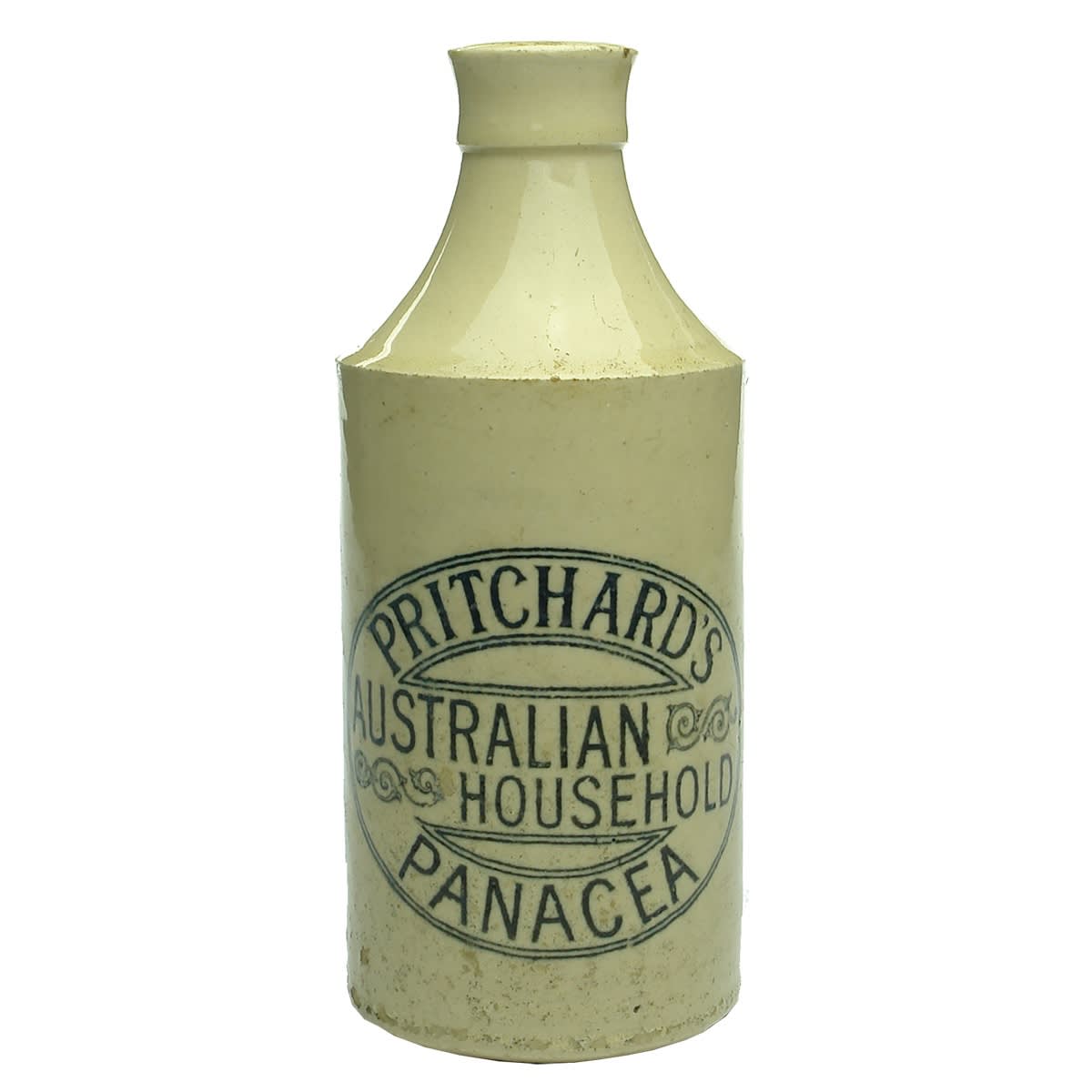 Stoneware cure. Pritchard's Australian Household Panacea. Doulton Lambeth. Black Print on All White. 10 oz. 171 mm.