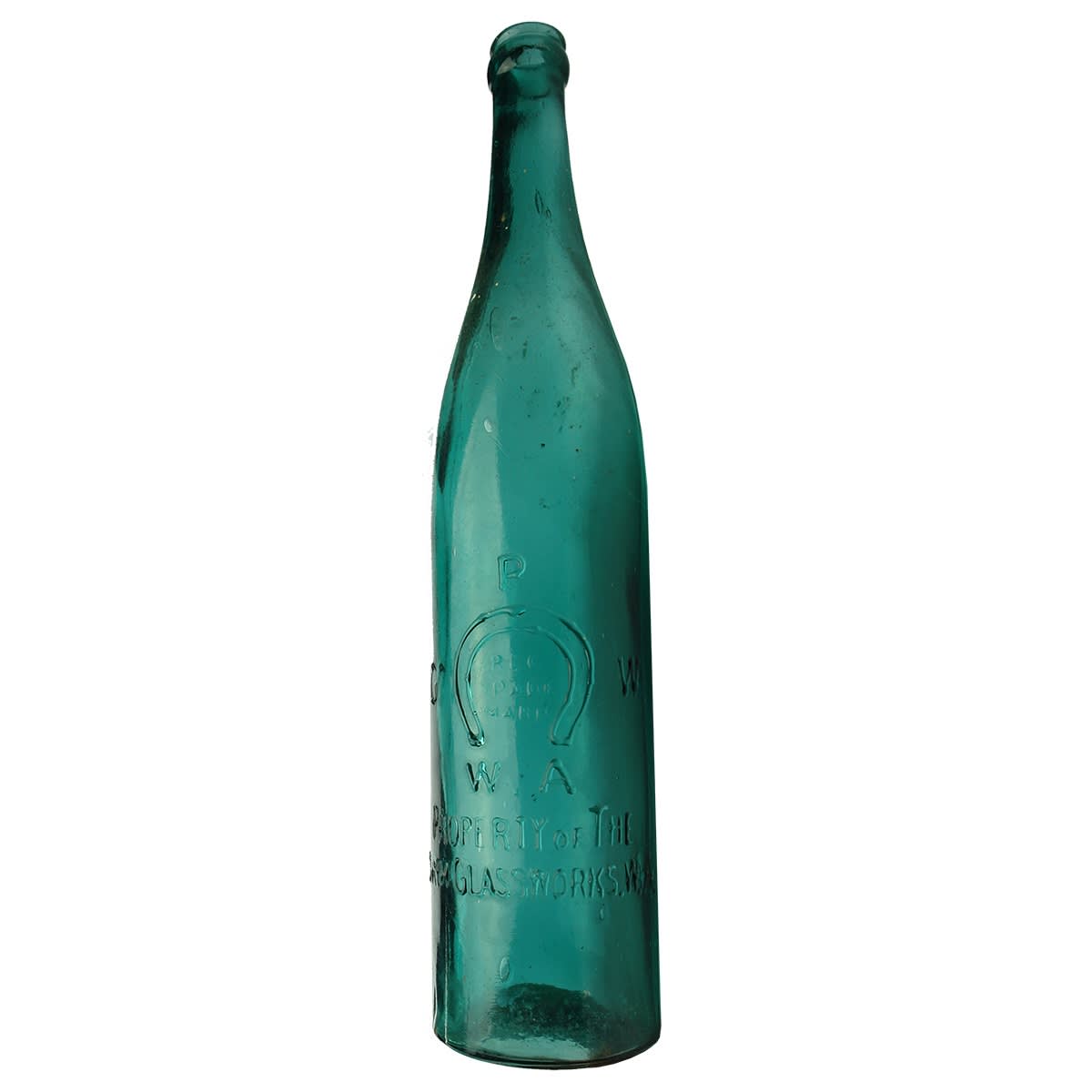 Beer. Perth Glassworks in Open Badge with W. A below Horseshoe. No base mark. Tall Pilsener Shape. Crown Seal. Recycled Deep Blue-Green. 26 oz. (Western Australia)