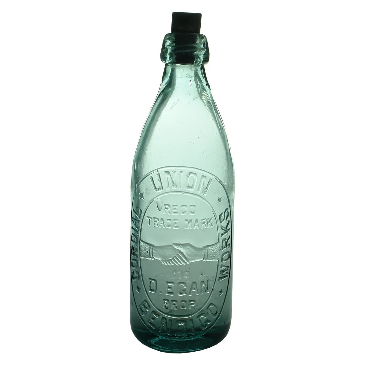 Internal Thread. Union Cordial Works, D. Egan, Bendigo. Aqua. Large Embossing. Sloping Shoulder. (Victoria)