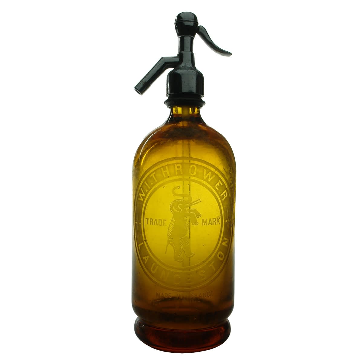 Soda Syphon. W. I. Thrower, Launceston. Amber. Round. (Tasmania)