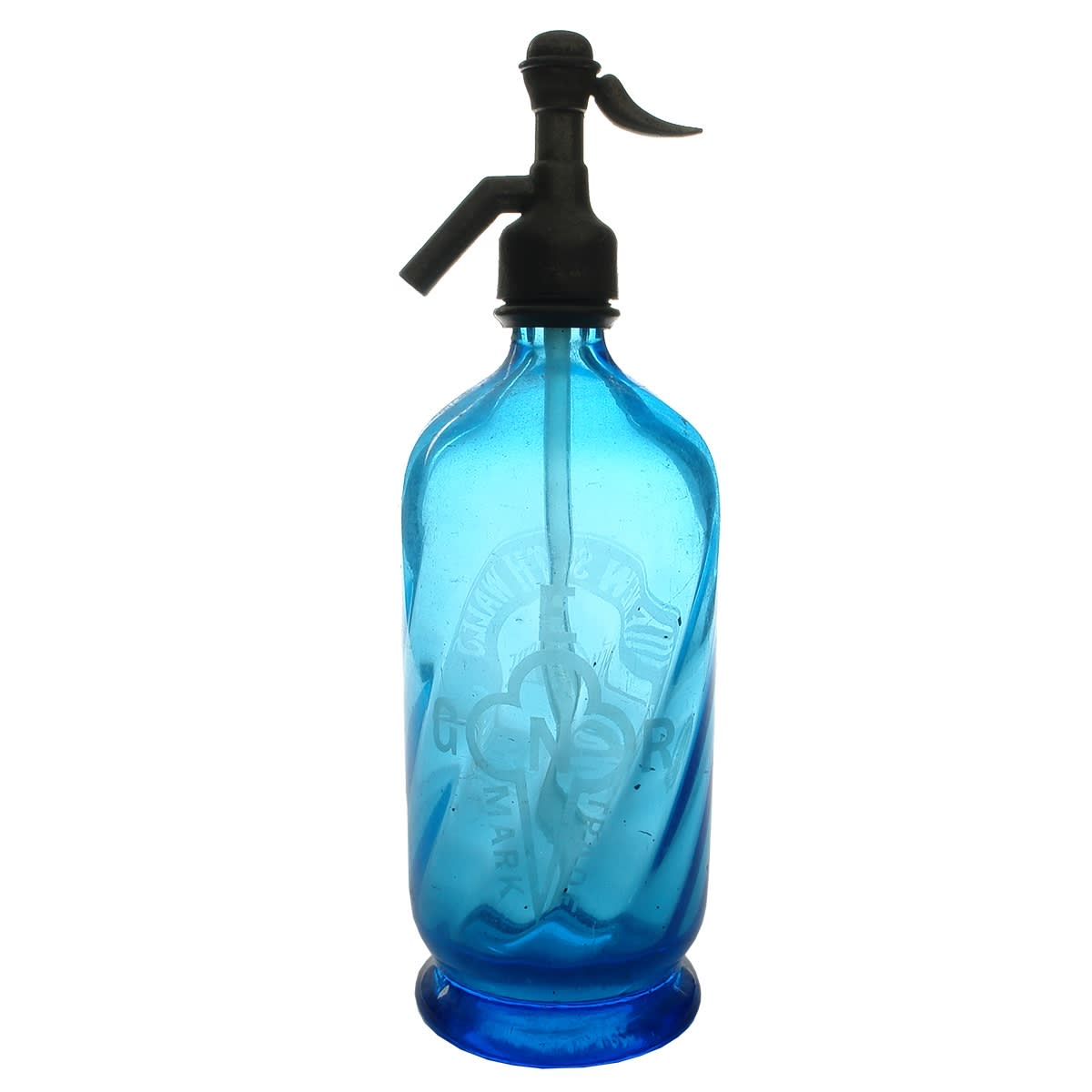 Soda Syphon. The NSW Aerated Water & C Co Ltd. Newcastle. Blue. Barley twist. 30 oz. (New South Wales)