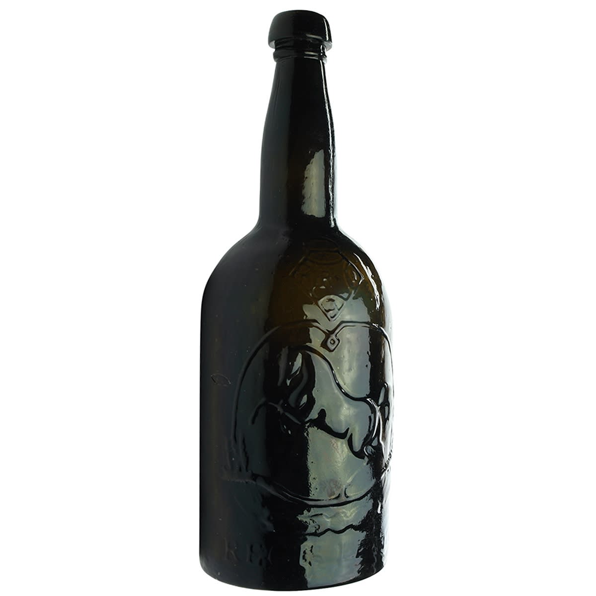 Beer. Black Horse Ale. Black Glass. Squat. 26 oz. Mushroom top. Repaired. (Tooth & Co., Kent Brewery) (Late Kingsley Durdin Collection)