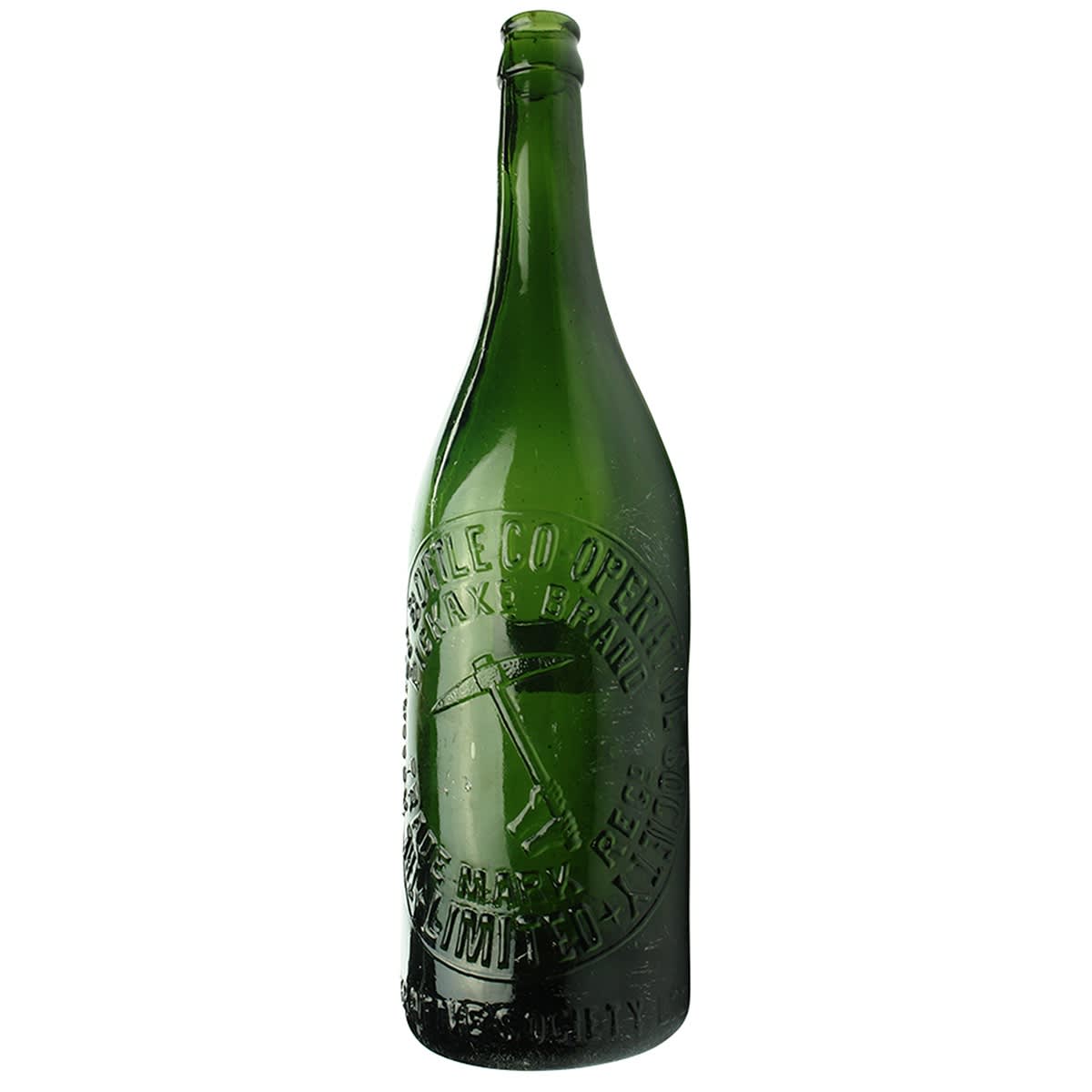 Beer. Adelaide Bottle Co-Operative Society, Pickaxe. Crown Seal. Green. 26 oz. (South Australia)