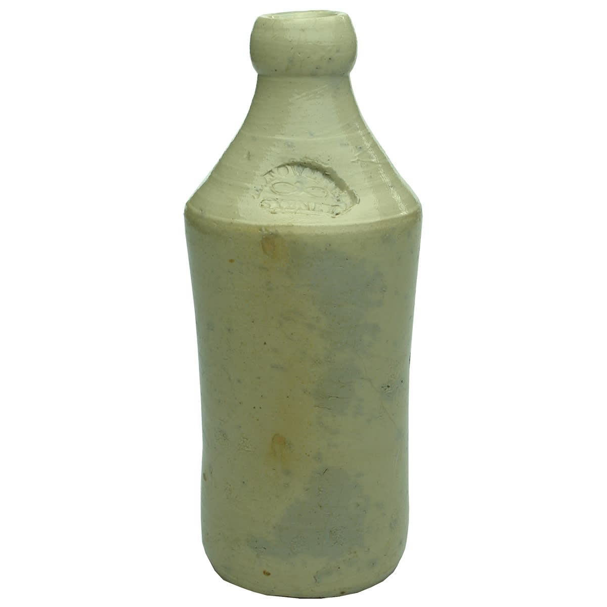 Convict Ginger Beer. E. Fowler, Sydney. Figure 8 or Bow Tie stamp. Stunning glossy white/grey glaze. 10 oz. (New South Wales)